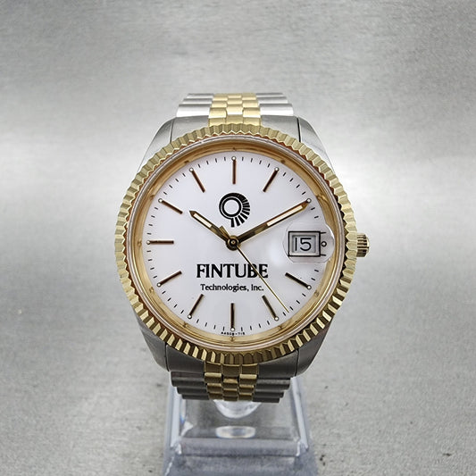 Fintube President Watch Men 35mm White Dial Two Tone Date Round New Battery 7150