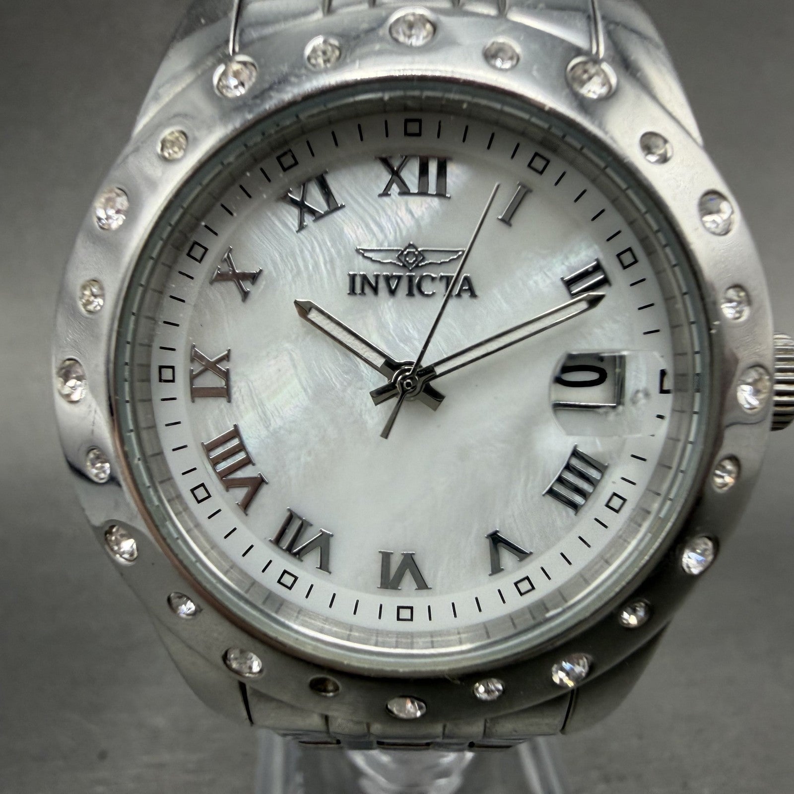 Invicta Angel watch Women 36mm MOP Dial Silver Tone Date Round 18977 New Batt1