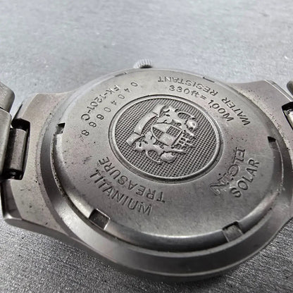 Elgin Solar Watch Men 36mm Gray Dial Titanium Daydate Round FK-1201 Works JDm9