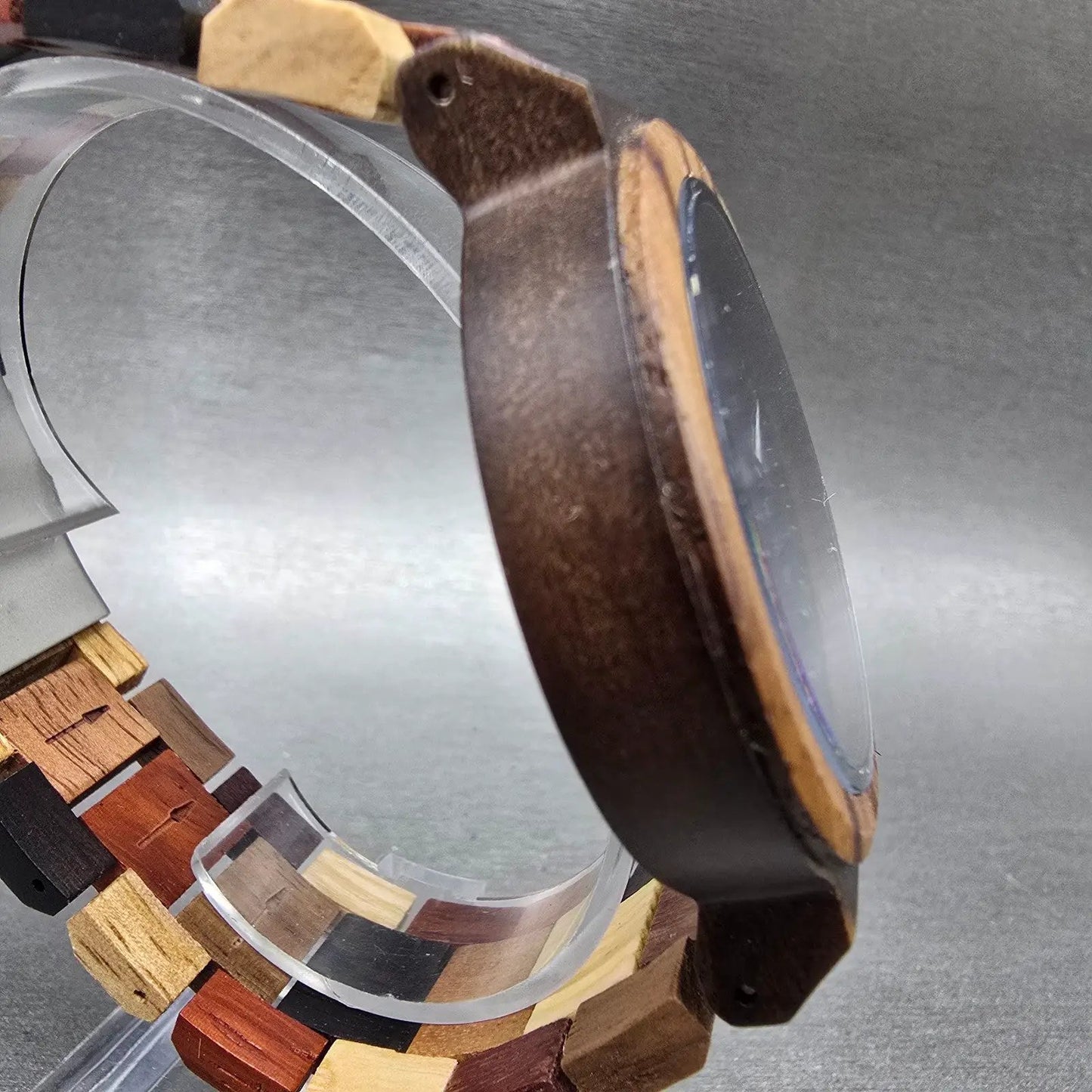 Bobo Bird Watch Men 46mm Brown Dial Wooden Case Round Daydate New Battery4