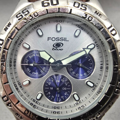 Fossil Blue Watch Men 40mm Silver & Blue Dial Steel Daydate BQ-8785 New Battery1