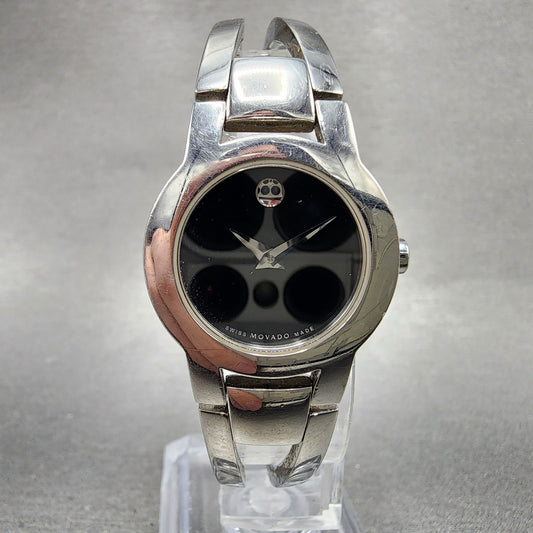 Movado Amorosa Watch Women 24m Black Dial Silver Tone Round 84 E4 1842 NewBatDBA0