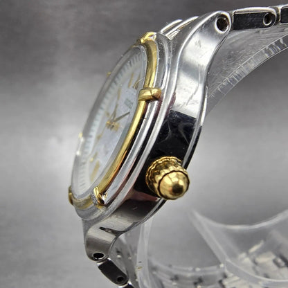 Seiko Solar Watch Women 28mm White Dial Two Tone Date Round V187-0AA0 Runs JP2