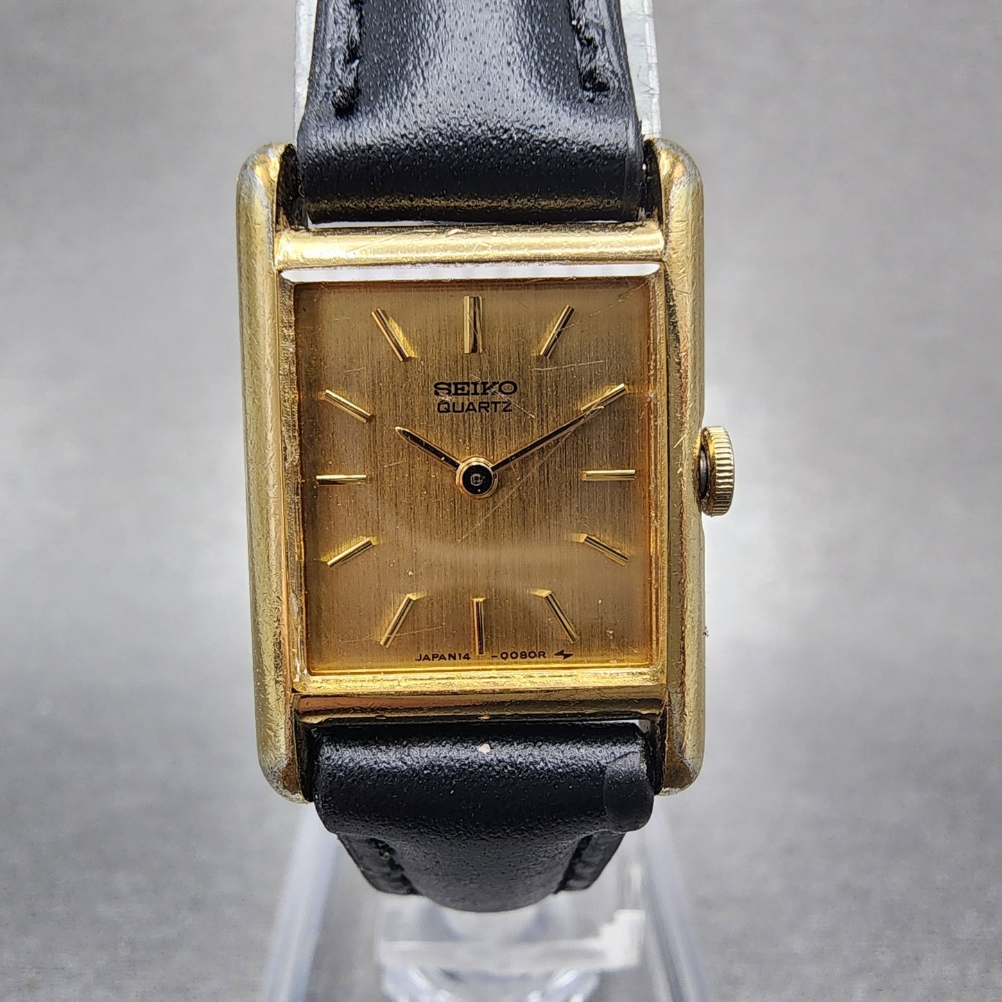 Seiko Tank Watch Women 17mm Champagne Dial Gold Tone 14005039 New Battery0