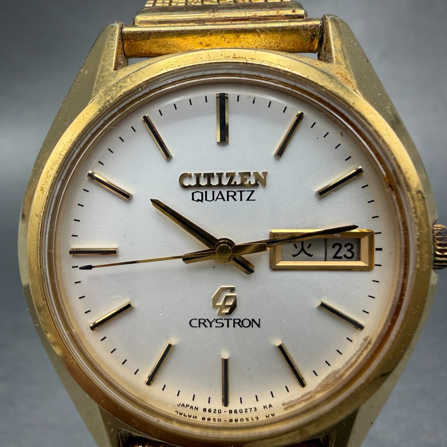 Citizen CQ Crystron Watch Men 38mm Silver Dial Gold Tone Daydate 4-860250 NewBat1