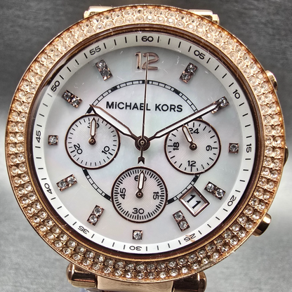Michael Kors Parker Watch Women 39mm MOP Dial Rose Gold Chrono MK5491 New Batt F1