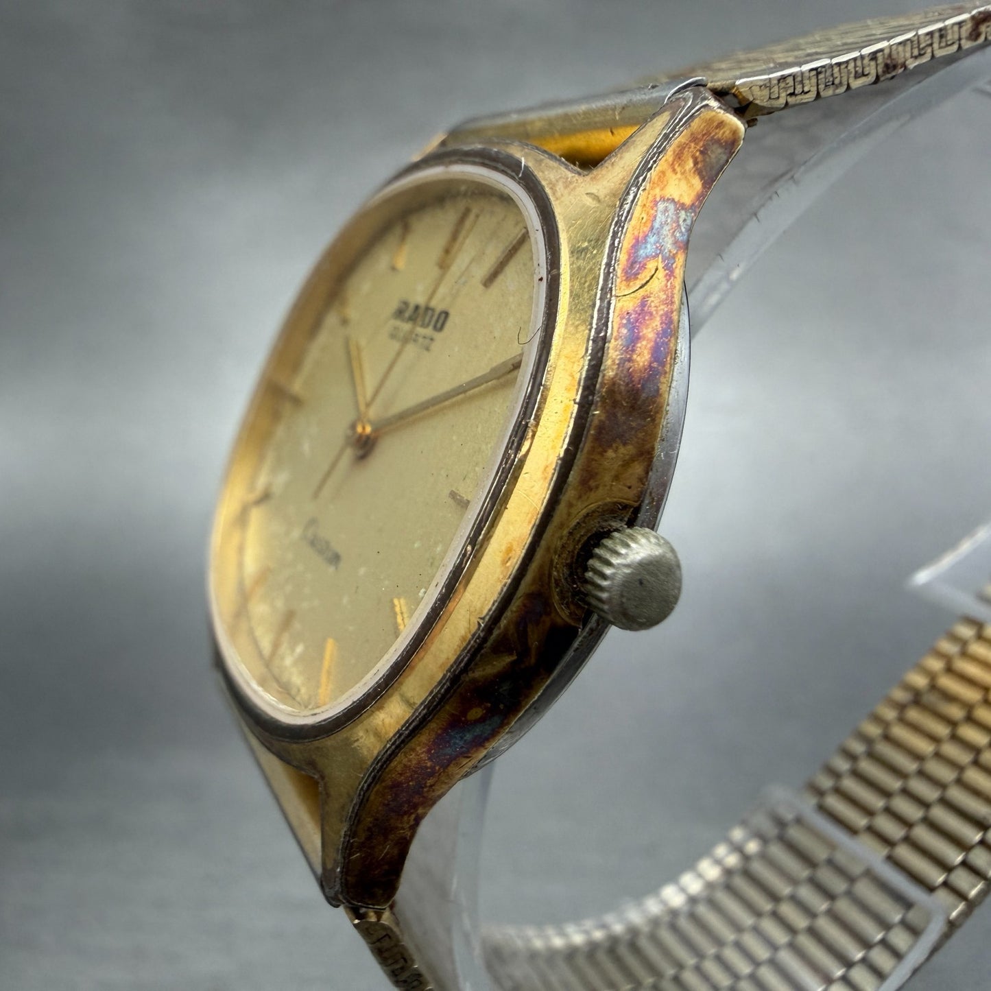 Rado Custom Watch Men 34mm Gold Dial Gold Tone Oval 713.5055.2 New Battery2