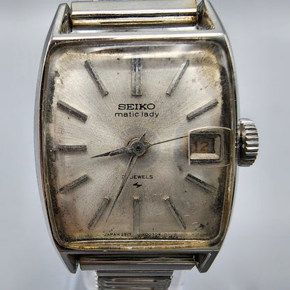 Vintage Seiko Matic lady Watch women Silver Tone White Dial Date21 Jewels Works