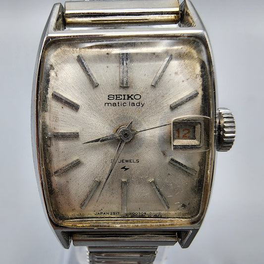 Vintage Seiko Matic lady Watch women Silver Tone White Dial Date21 Jewels Works