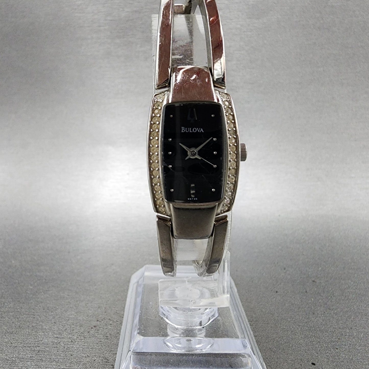 Bulova Tank Watch Women 17mm Black Dial Steel Rectangle Crystals 96T35 New Batt5
