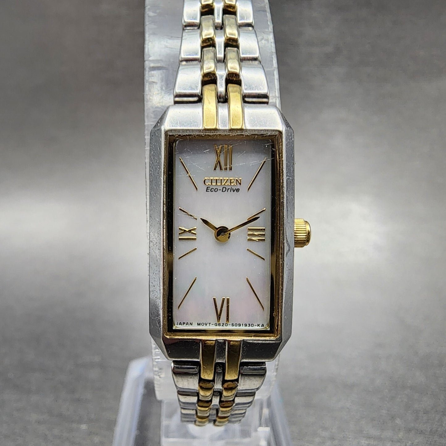 Citizen EcoDrive Tank Watch Women 15mm MOP Dial Two Tone Rectangle Runs0