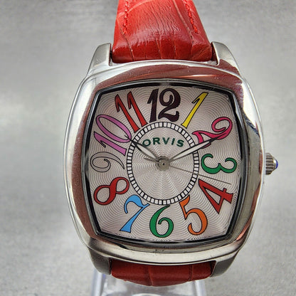 Orvis Watch Women 30mm Silver Dial Silver Tone Rectangle Red Band New Battery1