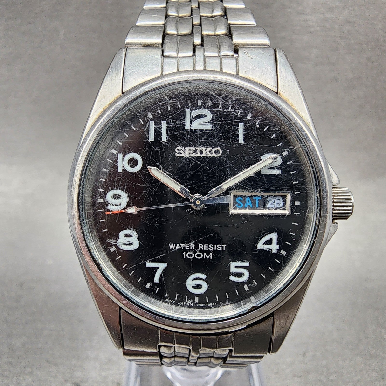 Seiko Watch Men 35mm Black Dial Silver Tone Daydate Round 7n438329 New Battery0