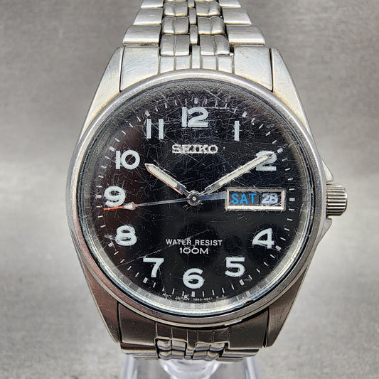 Seiko Watch Men 35mm Black Dial Silver Tone Daydate Round 7n438329 New Battery0