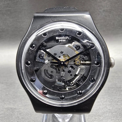 Swatch Silver Glam Watch Men 41mm Skeleton Dial Black Case SO29B109 New Battery2