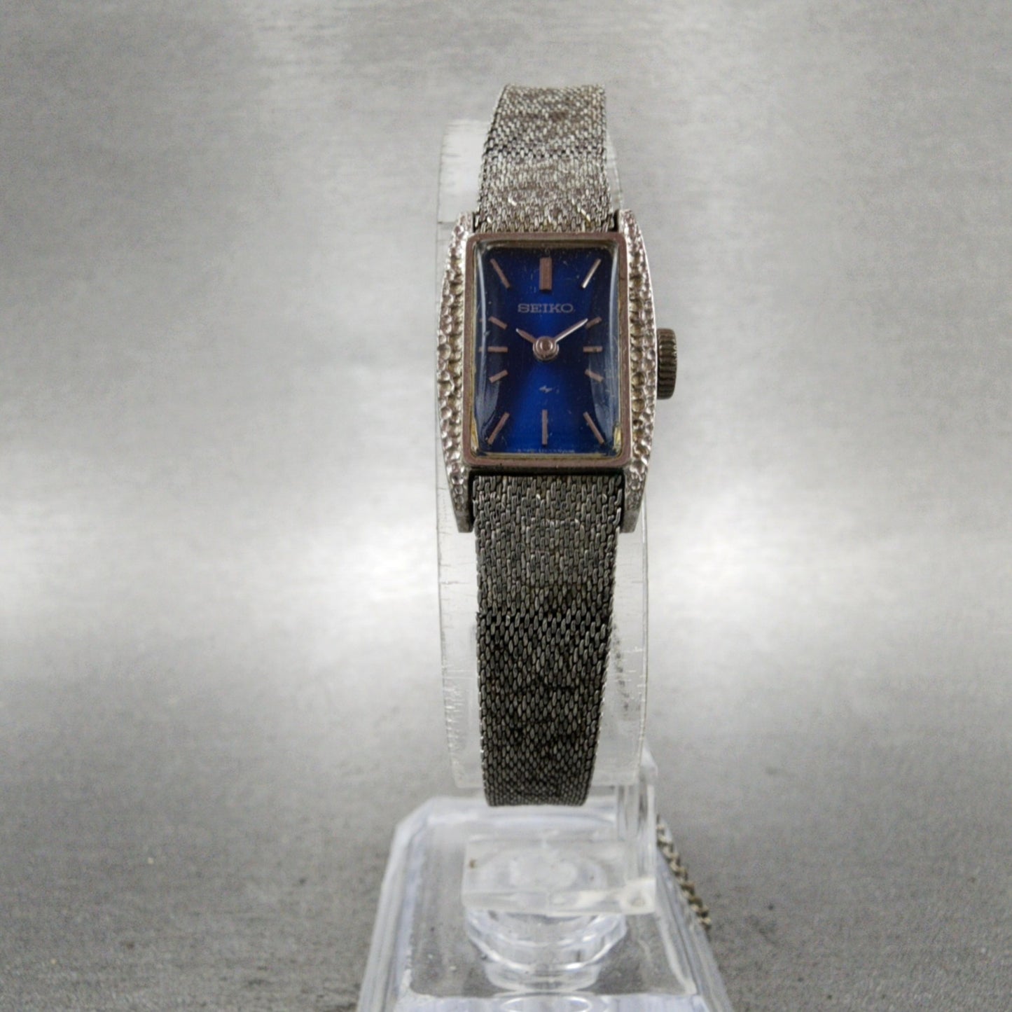 Seiko Tank Watch Women 15mm Blue Dial Silver Tone Rectangle 113189 Manual Runs5