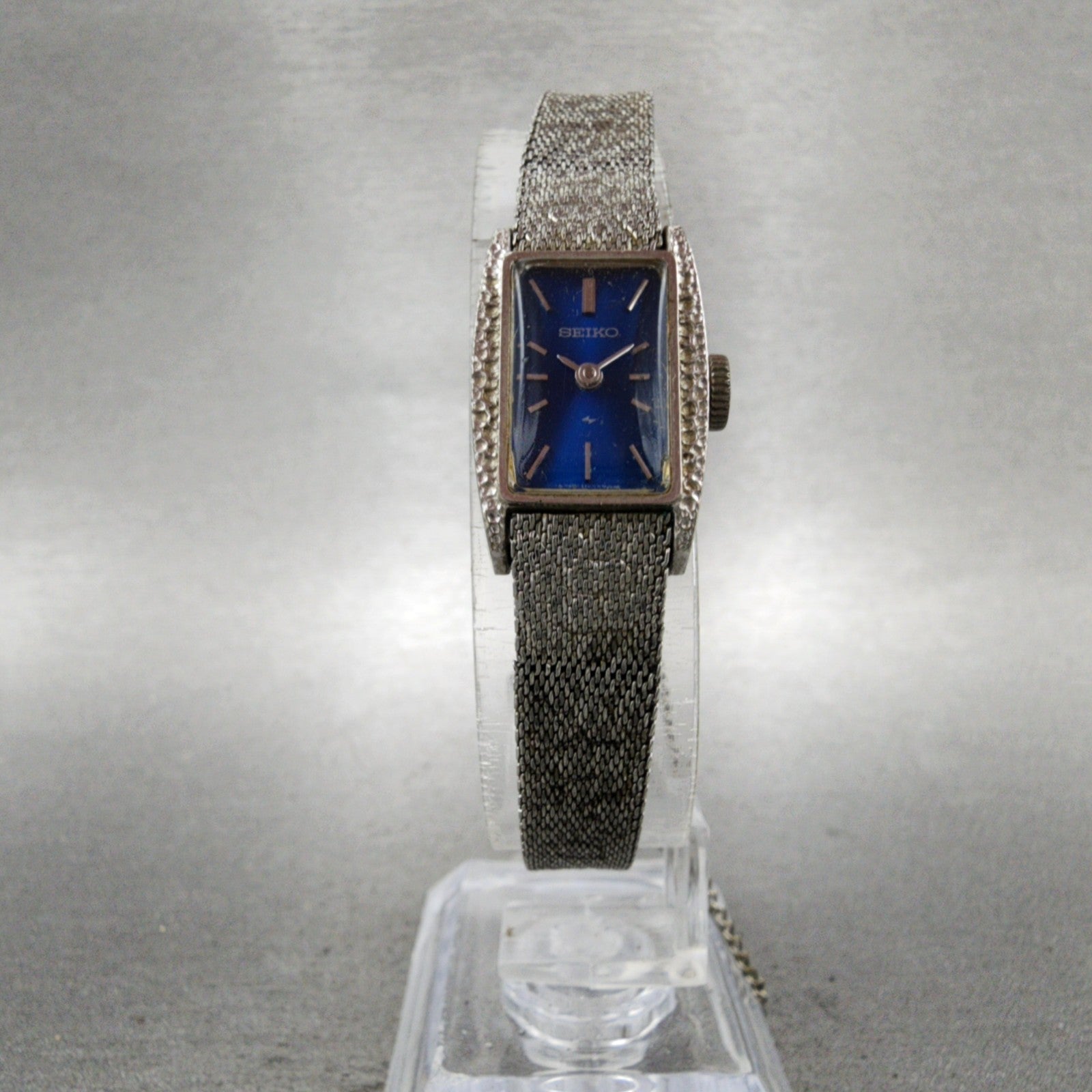 Seiko Tank Watch Women 15mm Blue Dial Silver Tone Rectangle 113189 Manual Runs5