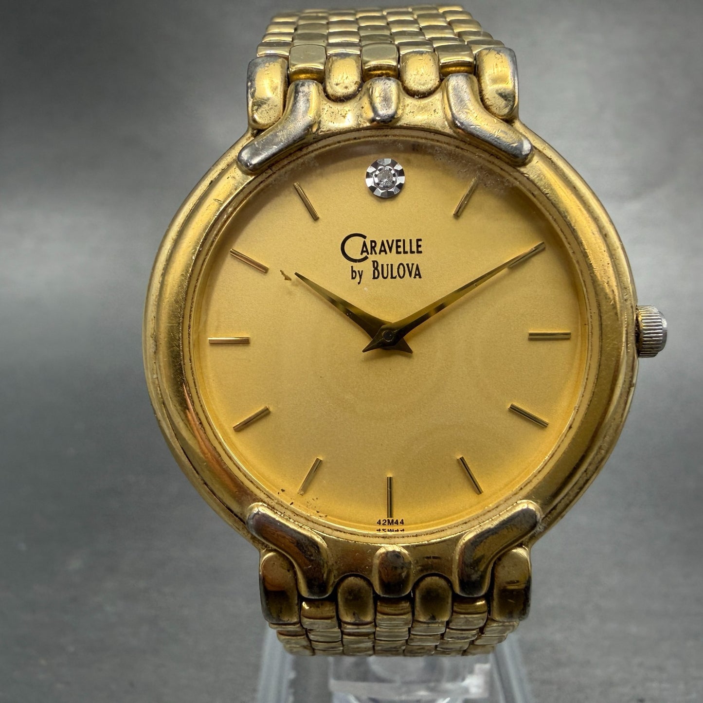 Bulova Caravelle Watch Men 34mm Champagne Dial Gold Tone Round 42M44 New Battery0