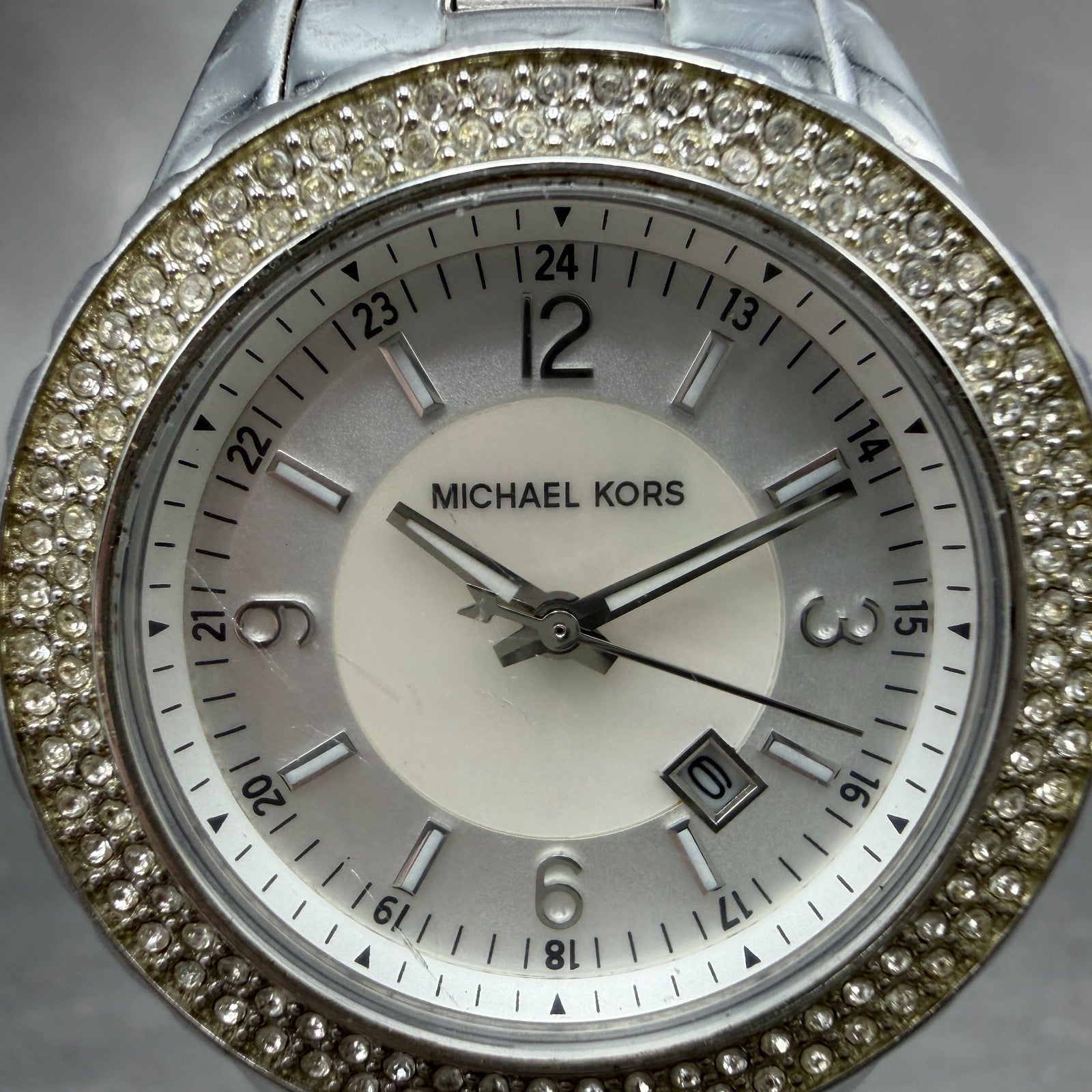Michael Kors Madison Watch Women 33mm MOP Dial Silver Tone Date MK-5401 New Batt1