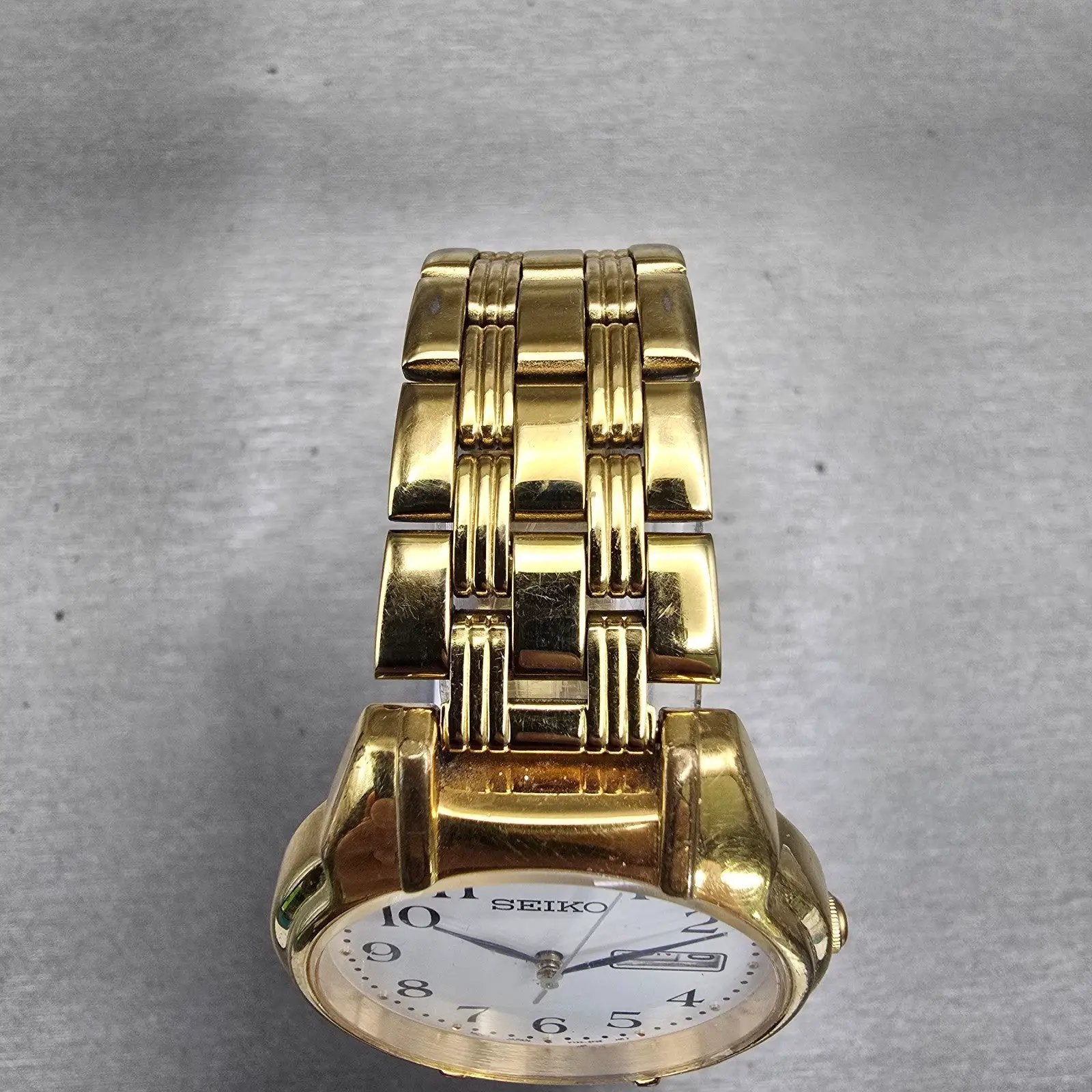 Seiko Watch Men 34mm White Dial Gold Tone Daydate Round V733-6C80 New Battery4