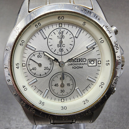 Seiko Chronograph Watch Men 39mm White Dial Silver Tone Date 7t920dw0 New Batt1