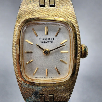 VTG Seiko Watch Women 17mm Silver Dial Gold Tone Rectangle 54205060 New Battery1