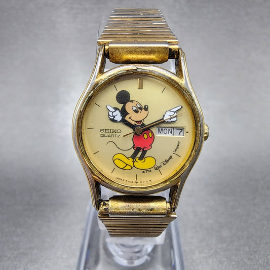VTG Seiko Mickey Mouse Watch Women 22mm Cream Dial Gold Tone Daydate New Battery