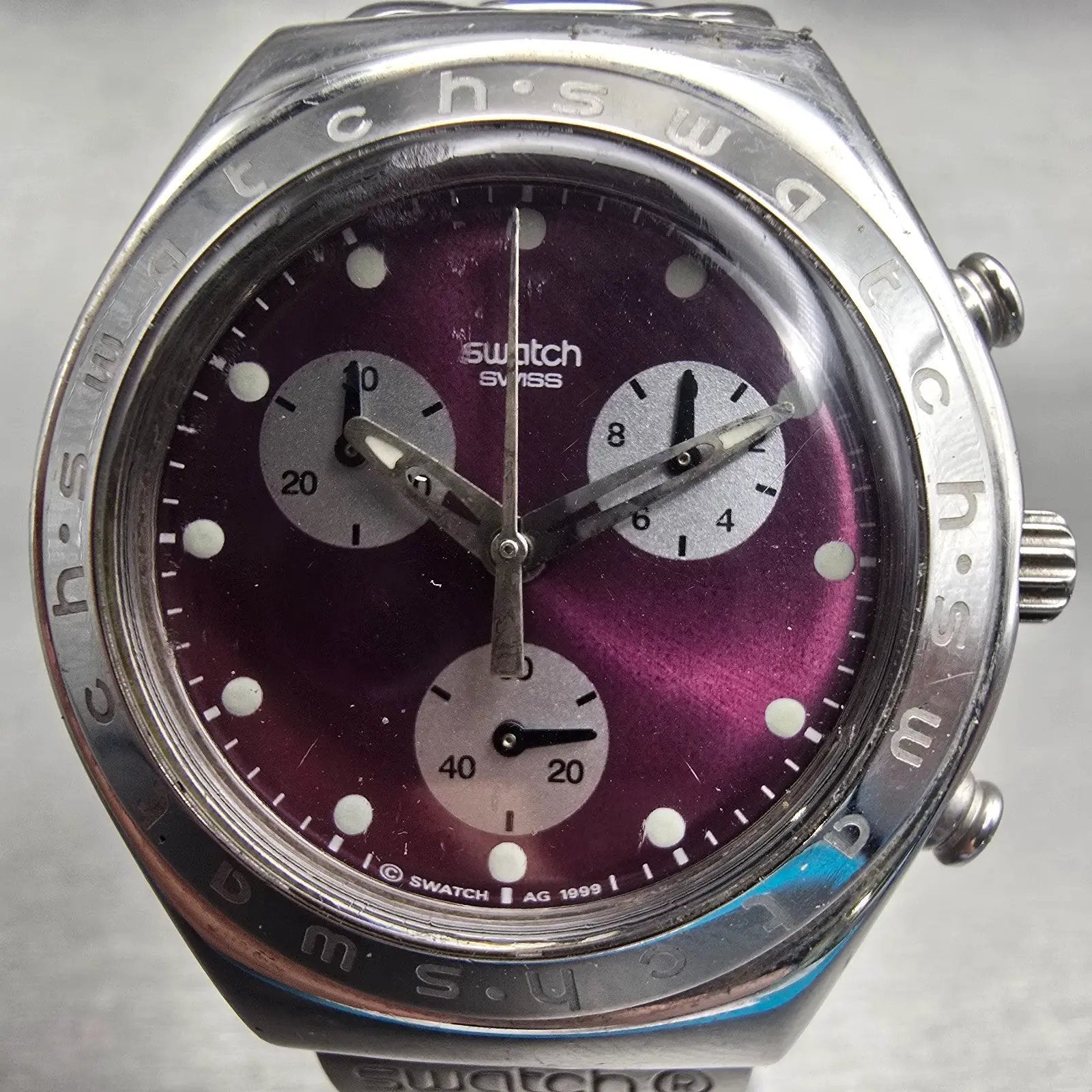 Swatch Irony New Egeria Chrono Watch Women Purple Dial Steel YMS105G New Battery1