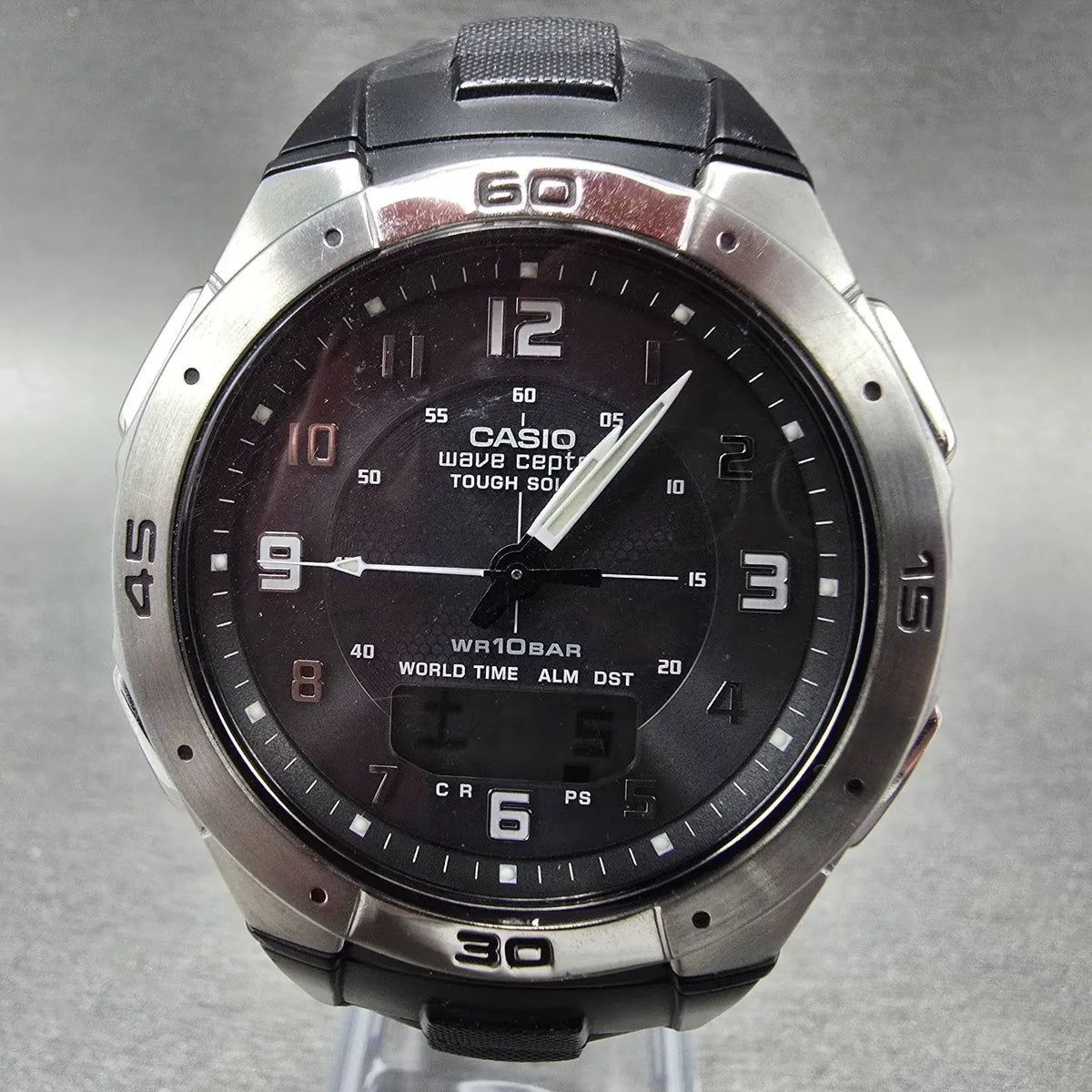 Casio WVA-470 Watch Men 42mm Black Silver Wave Ceptor Alarm Chronograph Round 780