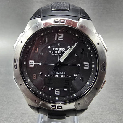 Casio WVA-470 Watch Men 42mm Black Silver Wave Ceptor Alarm Chronograph Round 780
