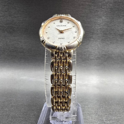Seiko Exceline Watch Women 21mm White Dial Gold Tone Gemmed 4N20-0640 New Batt5