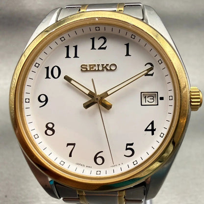 Seiko Watch Men 40mm White Dial Two Tone Date Round 6N52-00F0 New Battery VTG1