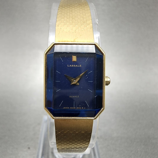 Seiko Lassle Tank Watch Women 16mm Blue Dial Gold Tone 4n005409 PARTS0