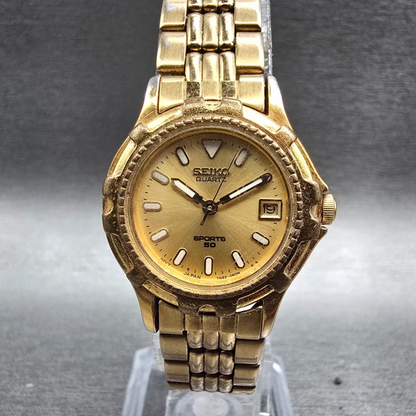 Seiko Sports 50 Watch Women 26mm Gold Dial Gold Tone Date 7N82-0271 New Battery0