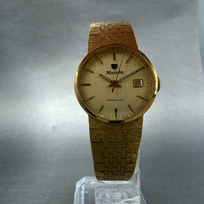 Nivada Monalisa Watch Women 24mm Gold Dial Gold Tone Date manual Wind Runs VTG5