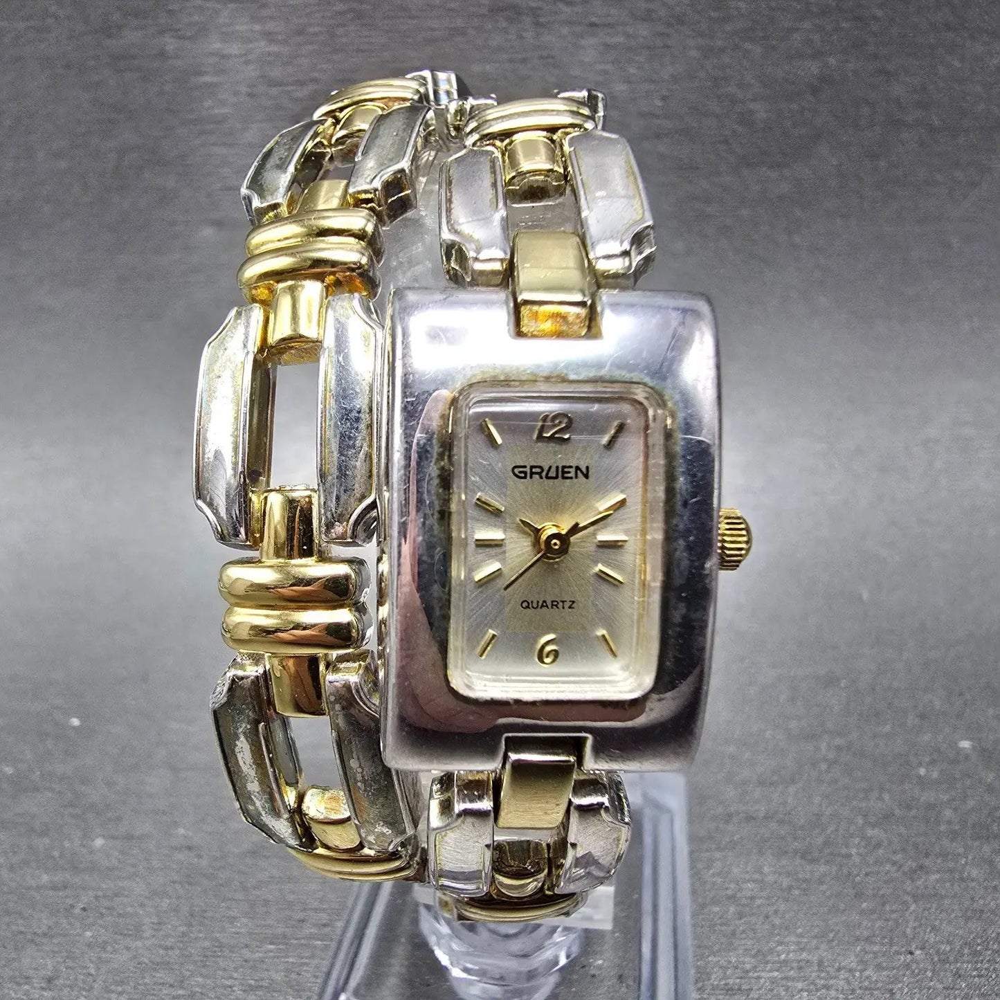 Gruen Tank Watch Women 18mm Silver Dial Two Tone Rectangle Wrap Around New Batt0