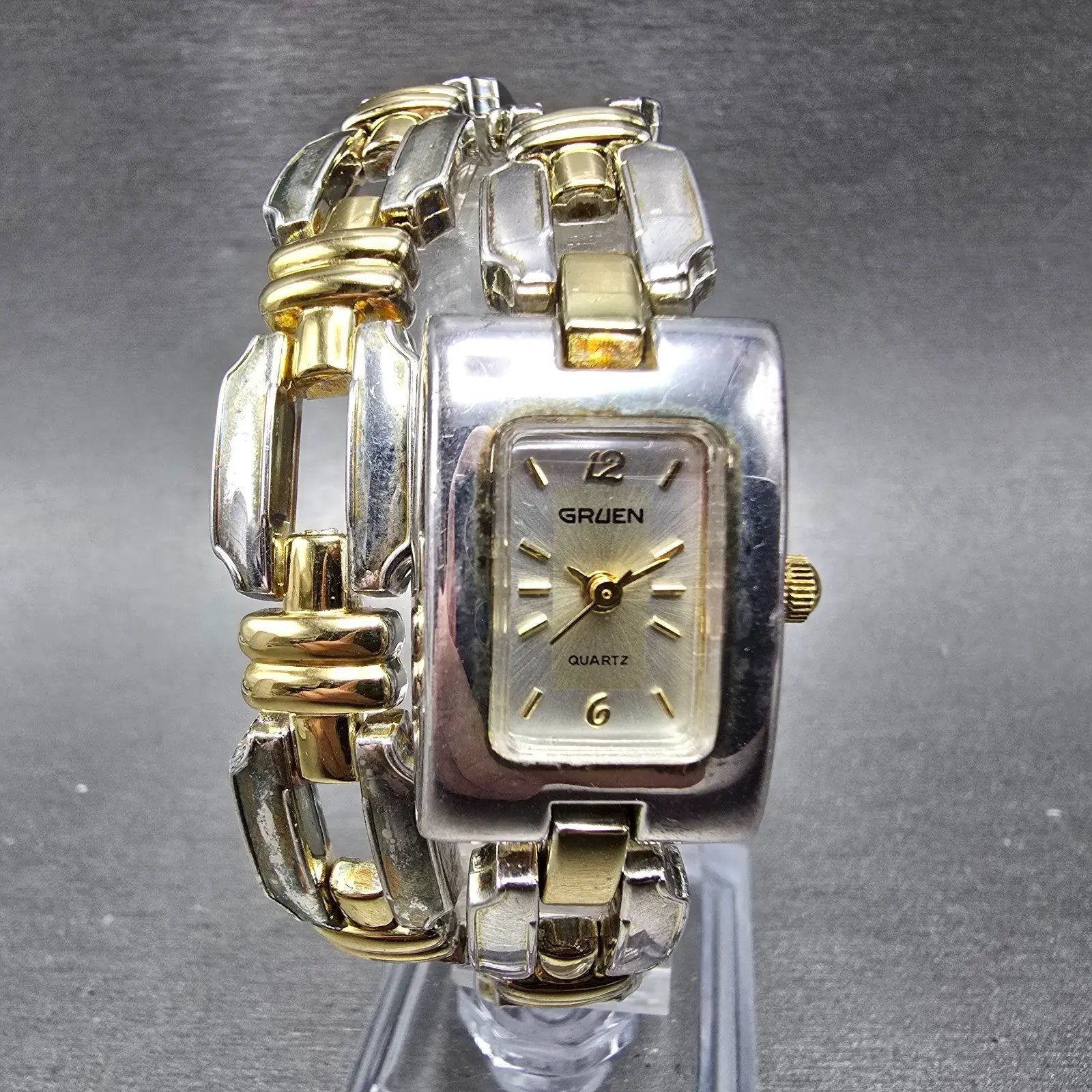 Gruen Tank Watch Women 18mm Silver Dial Two Tone Rectangle Wrap Around New Batt0