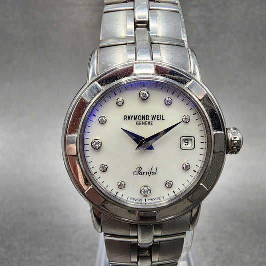 Raymond Weil Parisfal Watch Women 27mm MOP Dial Silver Tone Date 9441 New Batt0