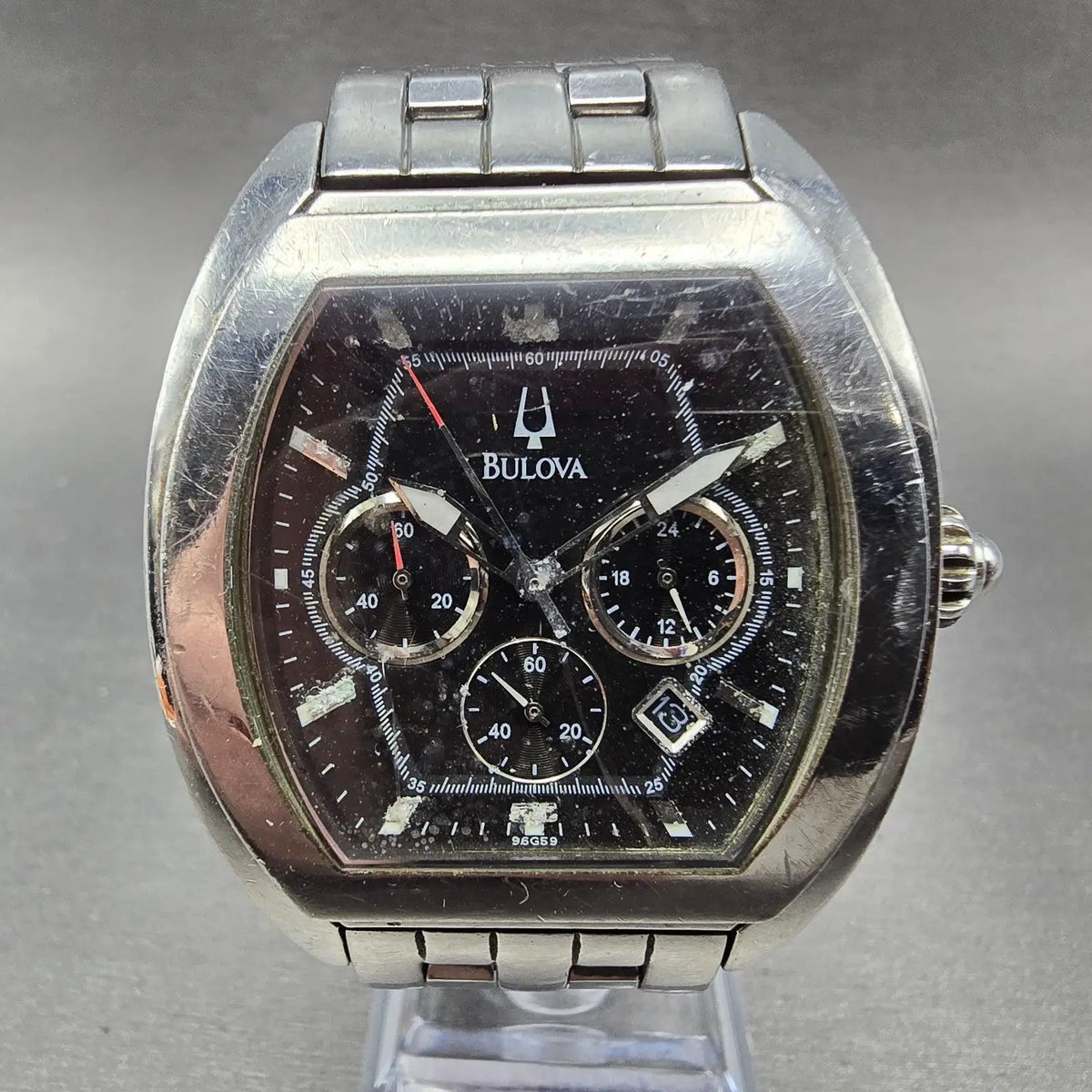 Bulova Chronograph Watch Men 40mm Black DIal Steel Date 96G59 PARTS0