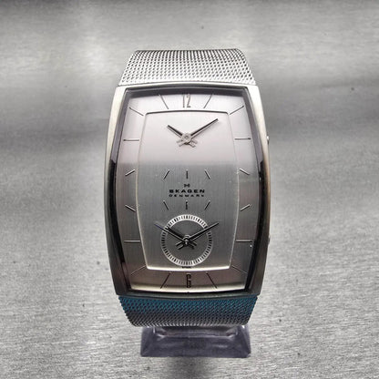 Skagen Dual Time Watch Men 30mm Silver Dial Silver Tone Rectangle 281LSS New Bat0