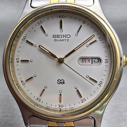 Seiko SQ Watch Men 34mm White Dial Two Tone Daydate 5Y23-7050 New Battery VTG1