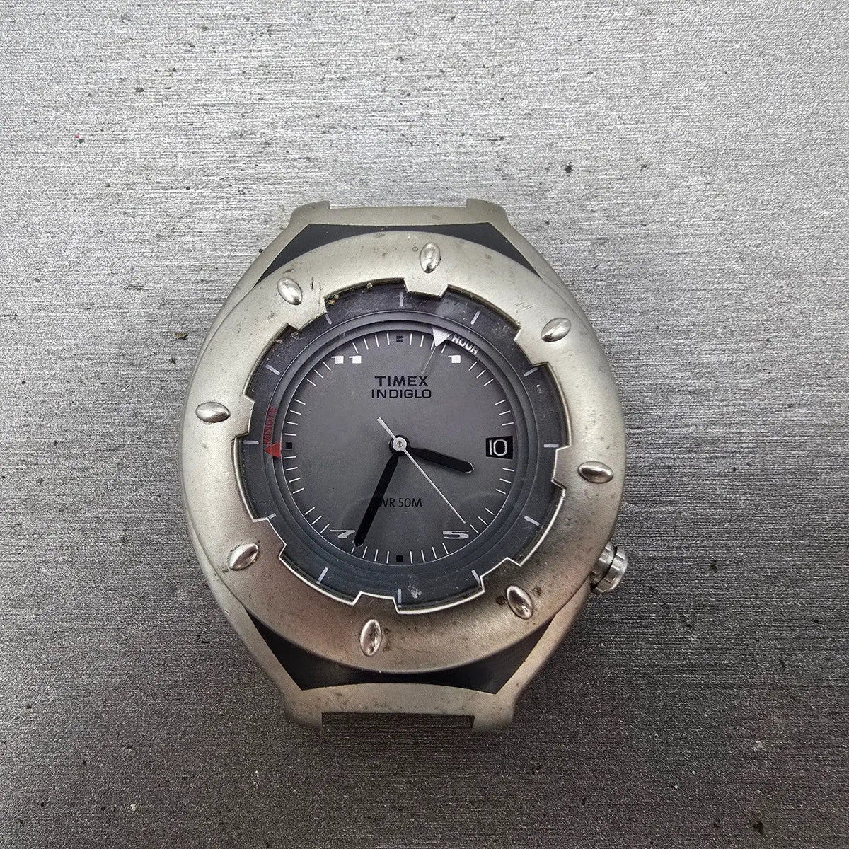 Timex Alarm Watch Men 41mm Gray Dial Silver Tone Date Round Indiglo PARTS0