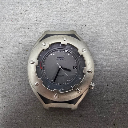 Timex Alarm Watch Men 41mm Gray Dial Silver Tone Date Round Indiglo PARTS0