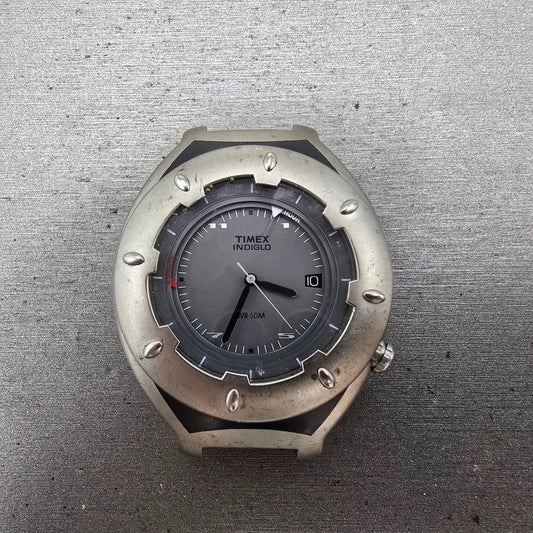 Timex Alarm Watch Men 41mm Gray Dial Silver Tone Date Round Indiglo PARTS0