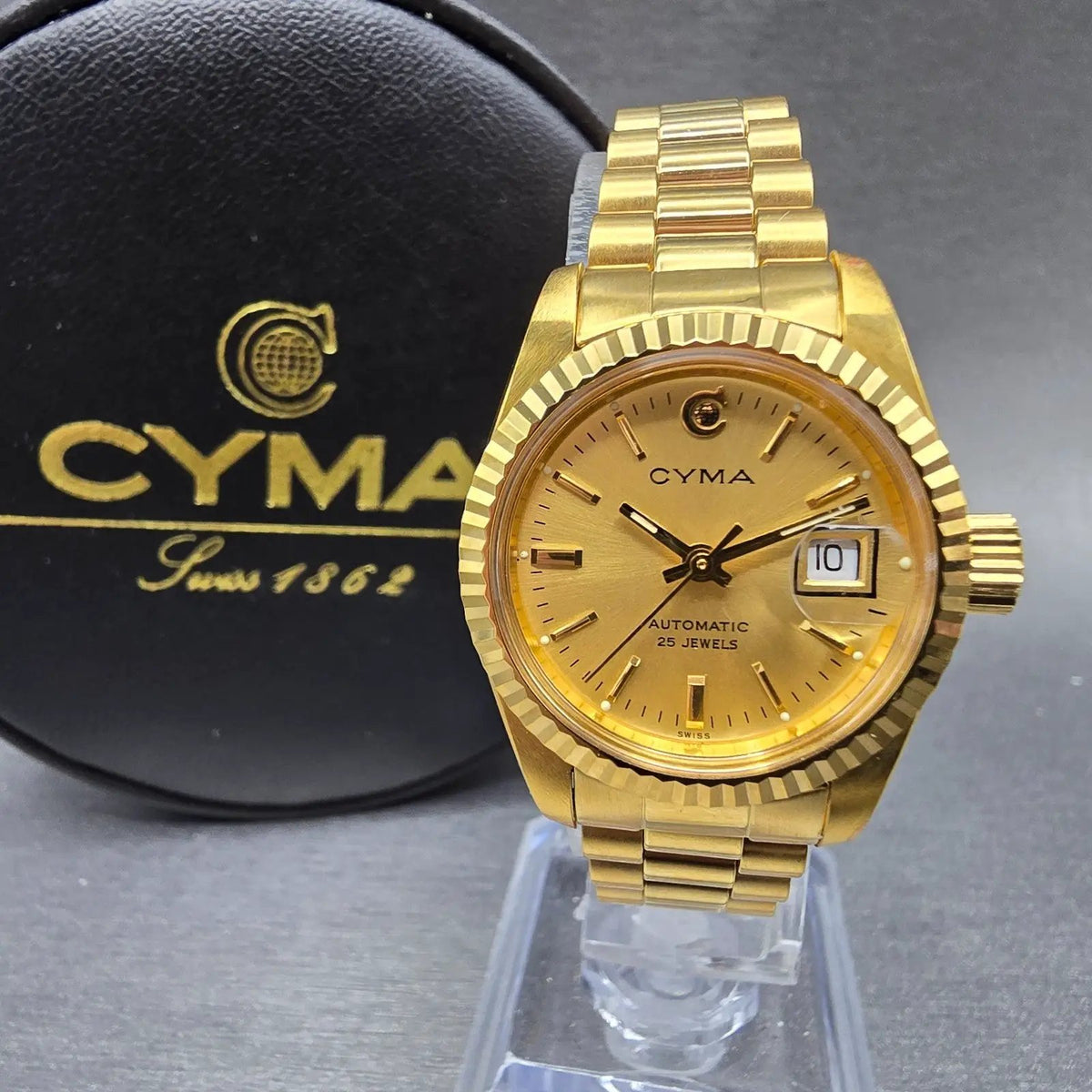Cyma President Watch Women 26mm Gold Dial Gold Case Automatic Date Round WBox1