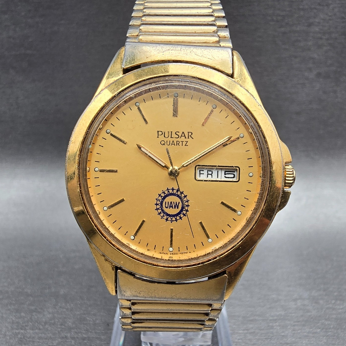 Seiko Pulsar Watch Men 36mm Gold Dial Gold Daydate Round V533-7A90 New Batt VTG0