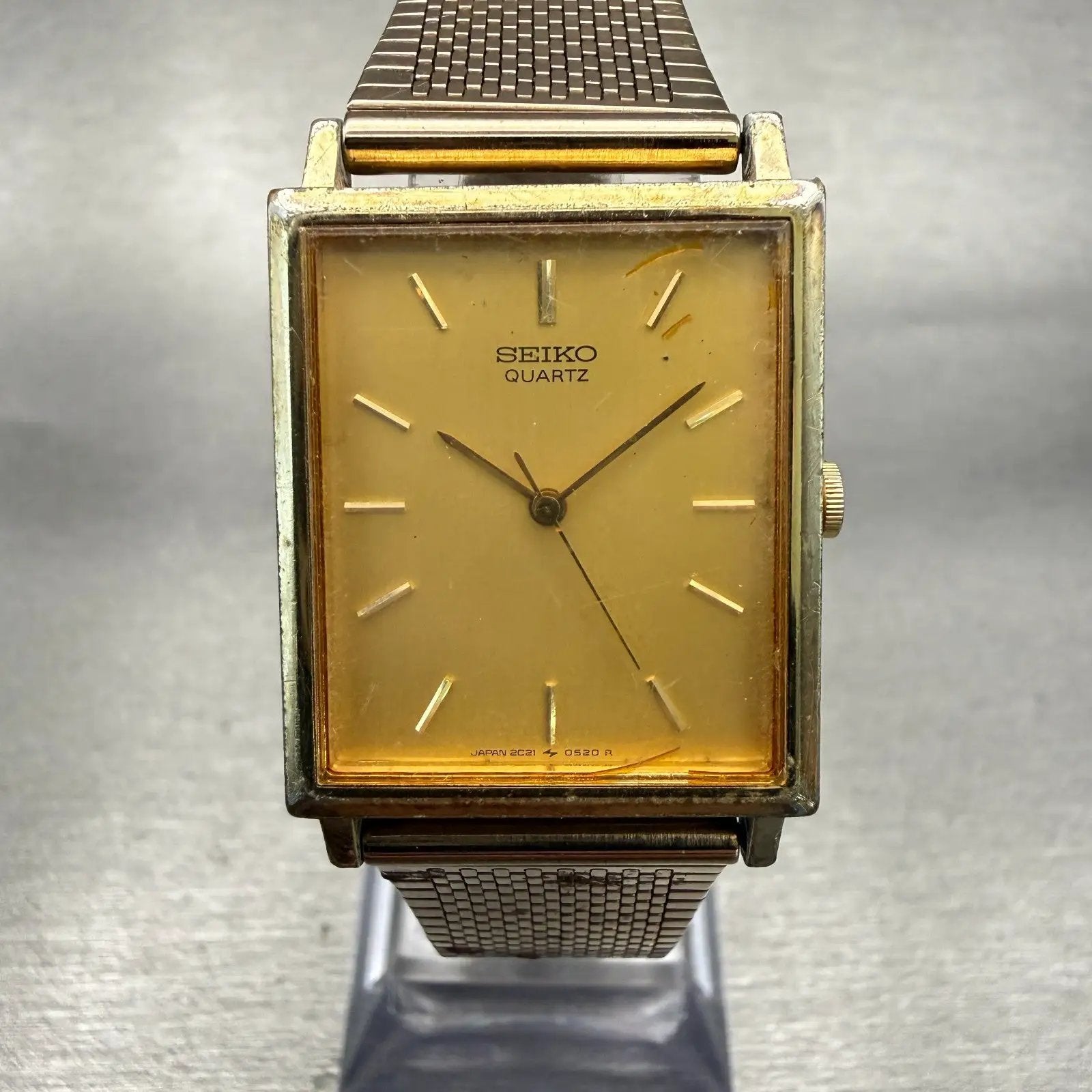 Seiko Watch Men 25mm Gold Dial Gold Tone Rectangle 2C21-5180 New Battery Vintage0