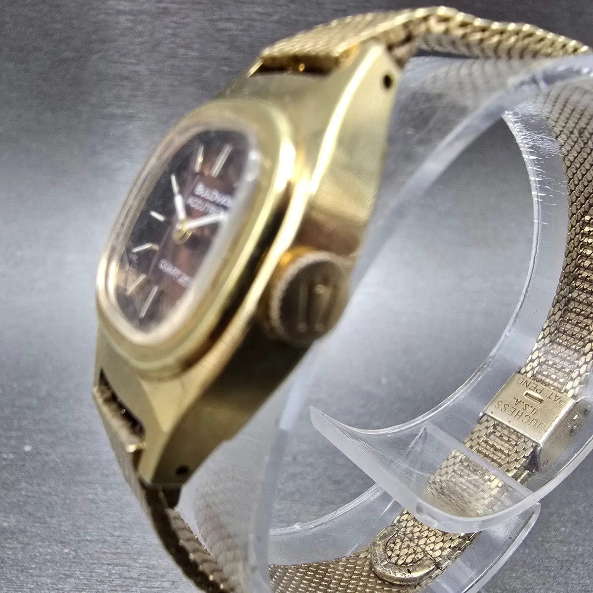 Bulova Accutron Watch Women 18mm Brown Dial Gold Tone Rectangle Mesh band PARTS3