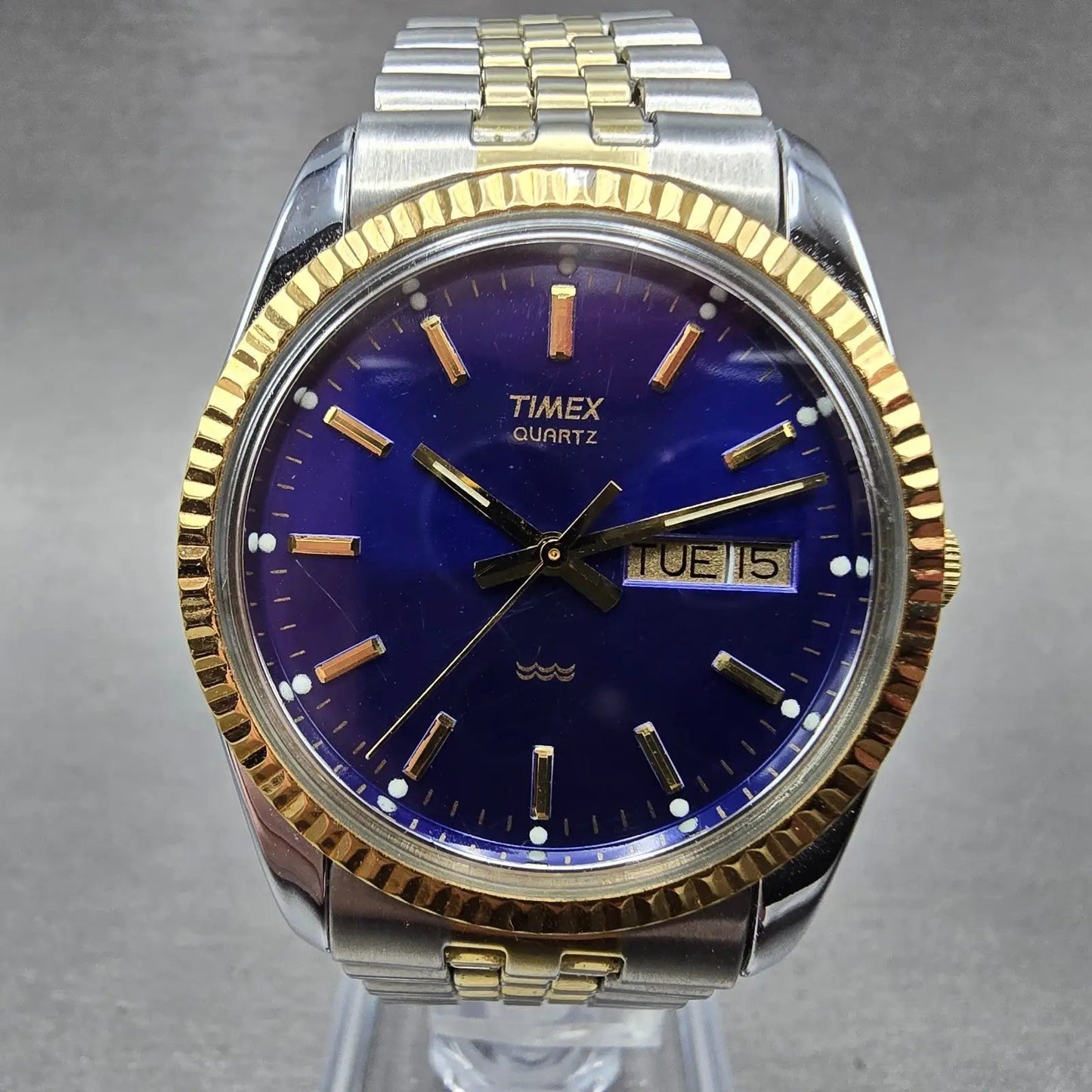 Timex President Watch Men 34mm Blue Dial Two Tone Daydate Round New Battery0