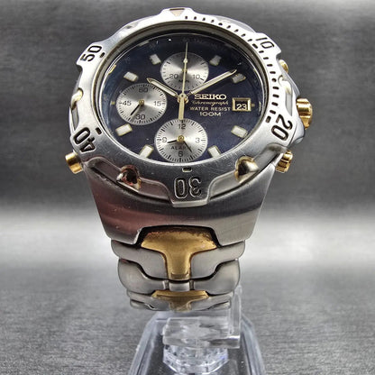 Seiko Chronograph Watch Men 39mm Blue Dial Two Tone Date 7T32-6M49 New Battery5